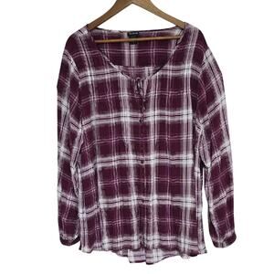 Torrid Womens Sz 3X Burgundy Plaid Button Up BOHO Grunge Festival 100% Rayon Top